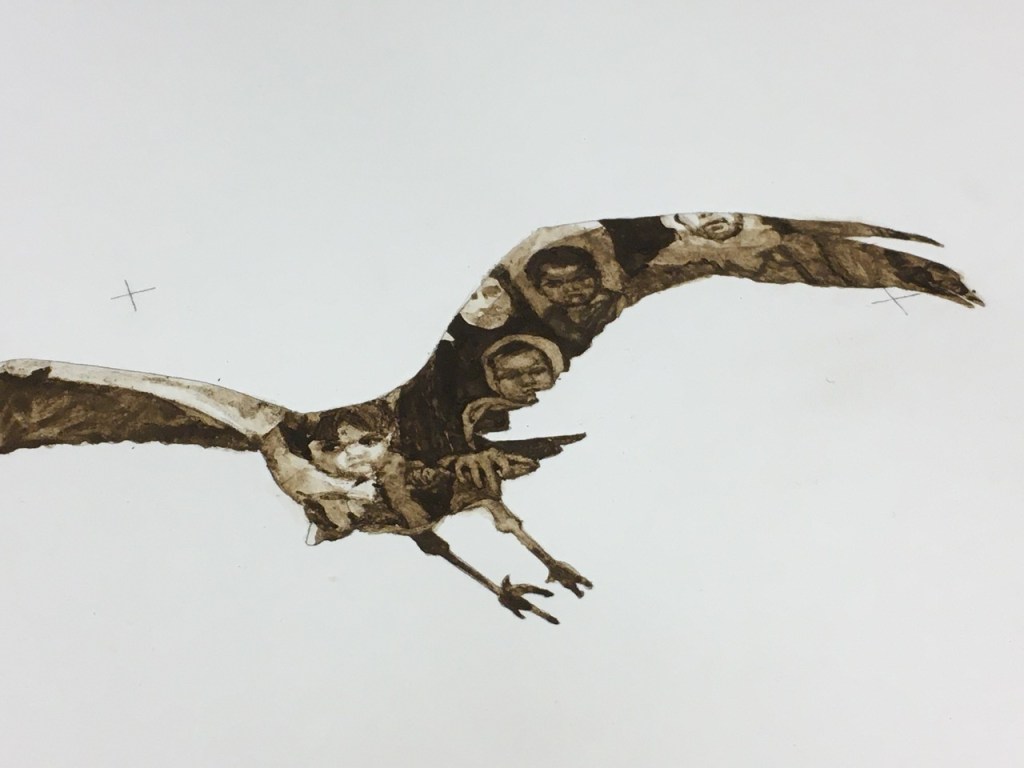 Photograph of a drawing combining the silhouette of a Eurasian crane in flight with a fragment of a family photograph, drawn using peat soils